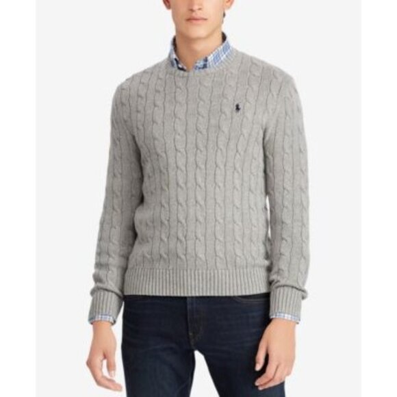 Polo Ralph Lauren Gray Fisherman Heavy Cable Knit Wool Crewneck Sweater LG Prep - Picture 1 of 9